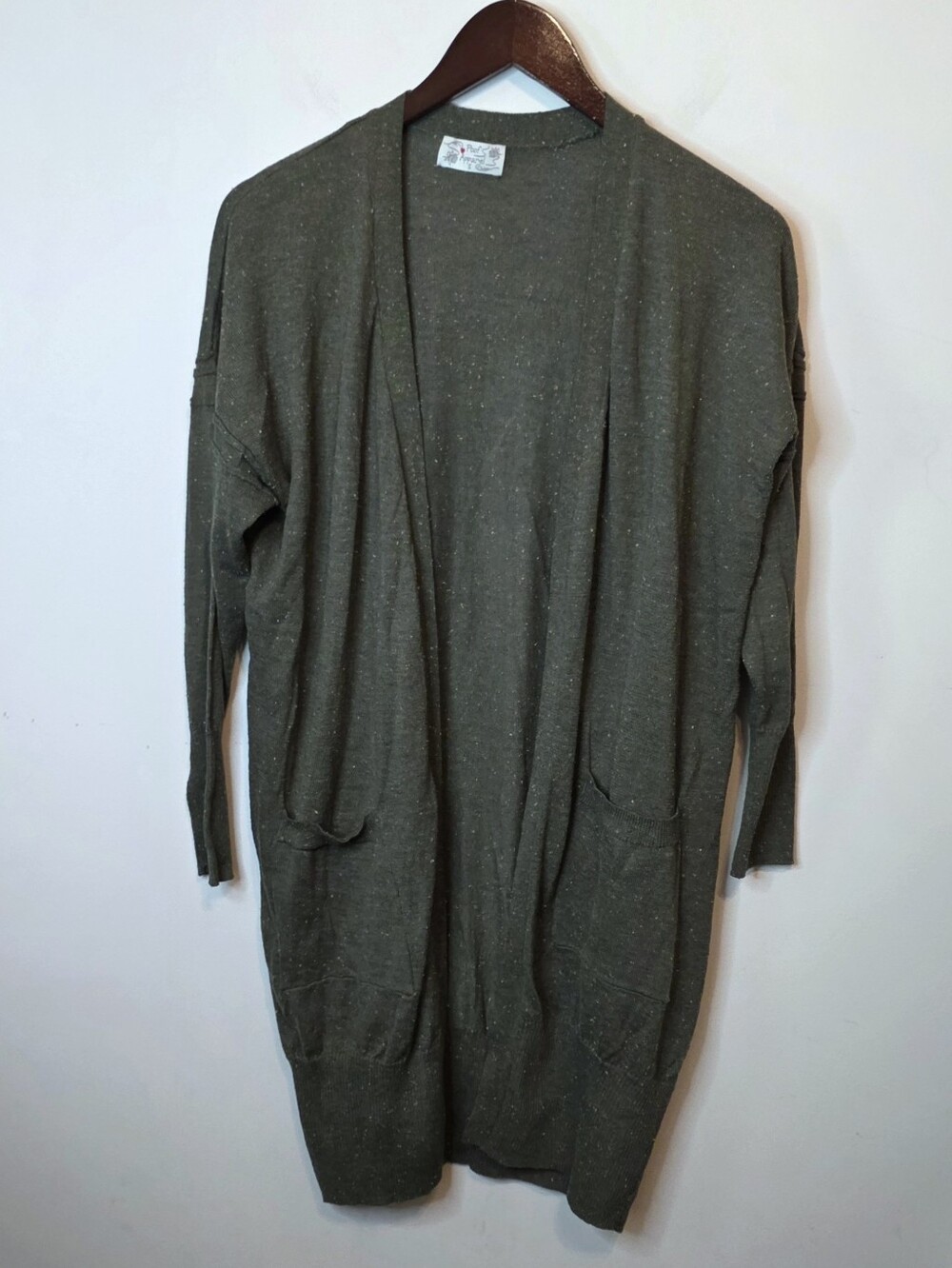 Poof Apparel Green Speckled Open Front Longline Duster Cardigan Size Small